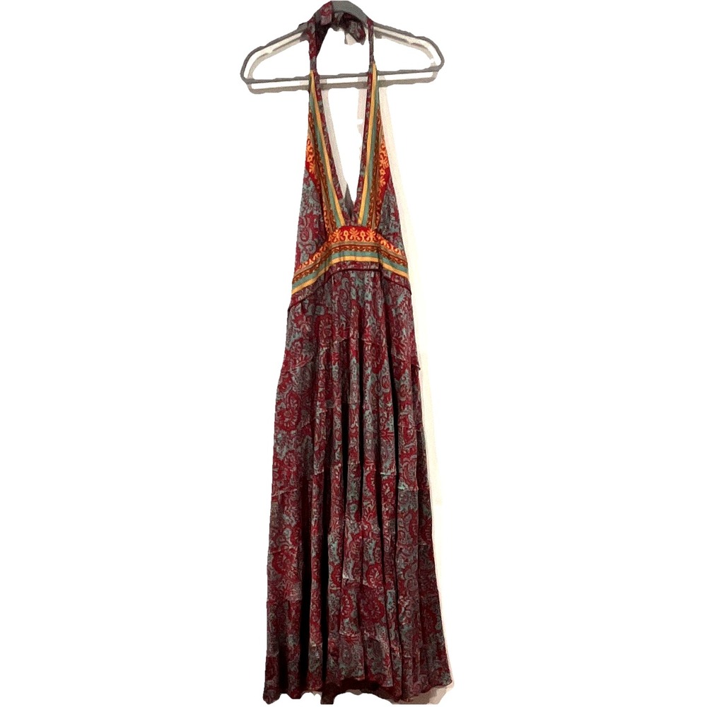 Aller Simplement Maxi Dress Multicolor Paisley Halter Smocked Boho One Size